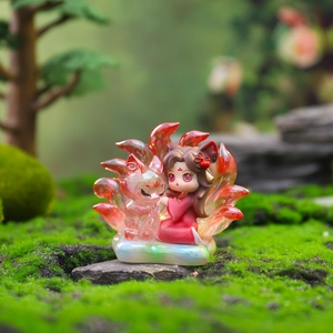 Detailed view of mythical fox figurine with girl on a cloud base in a mossy scene