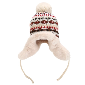 Detail of winter trapper hat showing ethnic jacquard knit and thick faux fur lining
