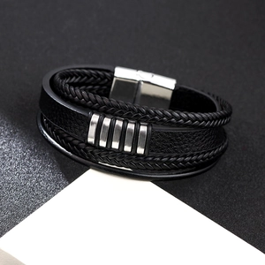 Men's multilayer black braided leather bracelet with stainless steel magnetic clasp