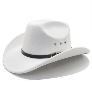 Detail view of white felt cowboy hat featuring brown leather band and metal vent holes
