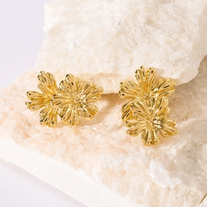 Flower Stud Earrings 18K Gold Plated Stainless Steel Elegant Floral Multi Layer Petals High Gloss Retro Jewelry For Women