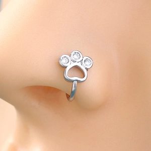 Close-up of a silver cat paw nose cuff clip with three sparkling clear cubic zirconia
