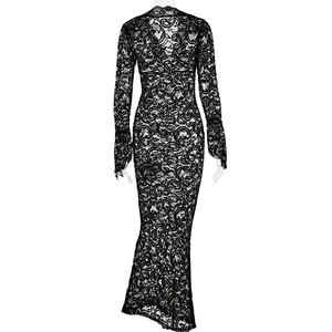 Detail view of the black lace long dress back with sheer panels and slimming long sleeves