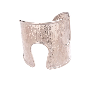 Polished silver textured wide open cuff bracelet with hammer pattern and U-shape cutouts