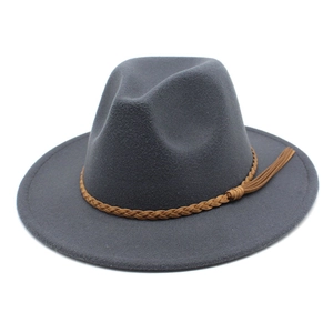 Classic dark grey fedora hat with brown woven leather band and tassel for autumn winter