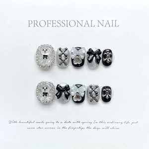 Y2K handmade black glitter press-on nails with 3D teddy bear and bowknot charms