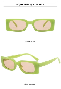 Front and side views of jelly green rectangular sunglasses with light tea lenses