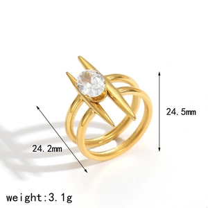Detailed view of gold spike ring with zircon inlay showing dimensions 24.2mm by 24.5mm