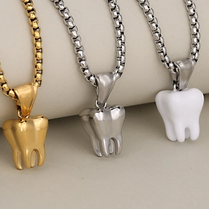 Halskette mit Zahn-Anhänger aus Edelstahl im Hip-Hop-Stil in Gold, Silber und Weiß