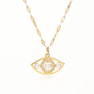 Collier élégant plaqué or avec un pendentif œil protecteur en perle et zircon
