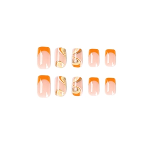 Orange French press-on nails with marble texture and gold glitter accents