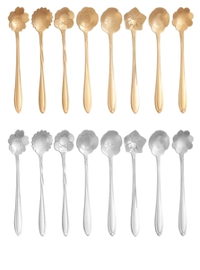 Set of 16 floral stainless steel dessert spoons in gold and silver with various flower shapes