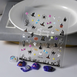 Halloween Nail Stickers Relief Embossed Waterproof Pumpkin Ghost Bat Witch Skull Holiday Party Manicure Accessories