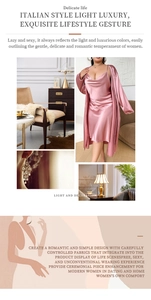 Detailed view of pink silk lounge set featuring a satin camisole dress and robe