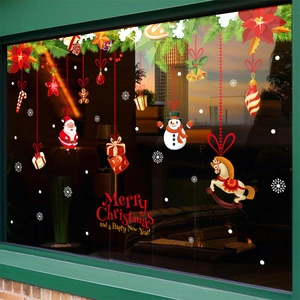 Christmas window stickers featuring Santa Claus, snowmen and Merry Christmas text decor