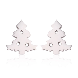 Detailed close-up of silver stainless steel Christmas tree stud earrings with star cutouts