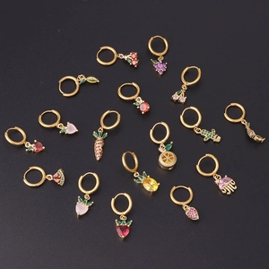 8MM gold stainless steel hoop earrings with colorful fruit and plant charms set