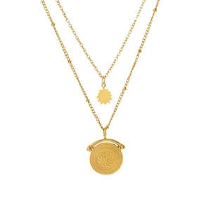 Double-layered 14K gold plated necklace with sun pendant and mandala engraved round charm