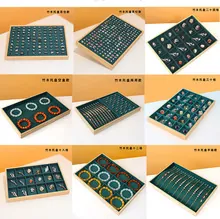 Bamboo jewelry tray set with dark green velvet inserts for rings and bracelets
