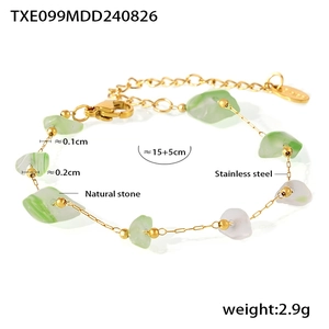 Detailed view of handmade stainless steel bracelet with natural green and white stones