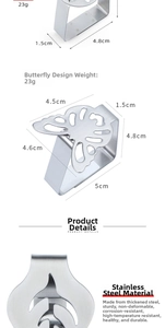 Macro detail of leaf-shaped stainless steel tablecloth clip with 23g weight and dimensions