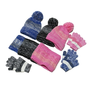 Detailed knit texture of winter hat, scarf, and gloves set in three color gradients