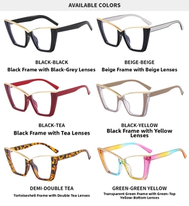 Detailed grid view showcasing six colorful triangle cat eye anti-blue light glasses frames