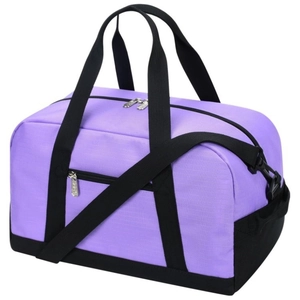 Detail view of purple mini fitness bag with black straps and side mesh pocket