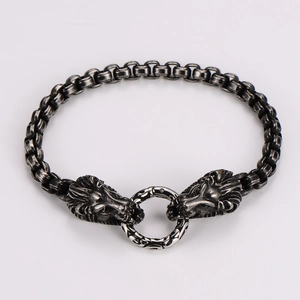 Detailed view of vintage lion head clasp and thick stainless steel link chain
