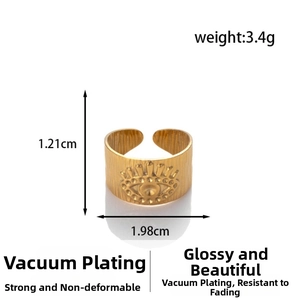Detail showing golden snake ring dimensions 1.21cm height and 3.4g vacuum plated finish