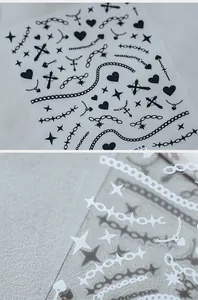 Macro detail of punk style nail stickers featuring black and white cross and chain motifs
