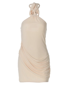 Sleeveless beige halter mini dress with ruched mesh patchwork and bodycon fit for summer