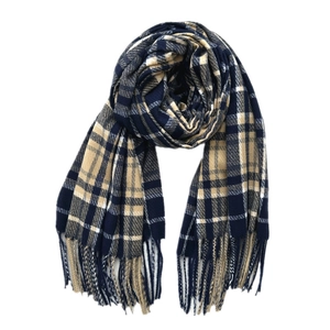 Classic dark blue and beige plaid scarf with soft fringe edges for winter warmth