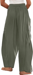 Vue arrière du pantalon sarouel en lin vert armée à taille haute élastiquée pour femme