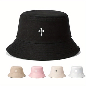 Unisex cotton bucket hat with cross embroidery shown in black, khaki, pink, beige, and white