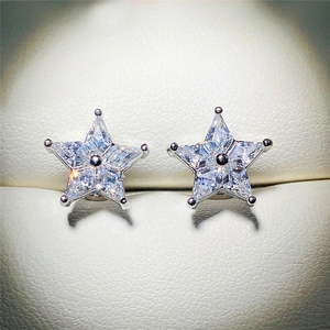Eleganti orecchini a lobo con stelle in zircone argentato su un espositore per gioielli