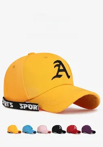 Detailed view of yellow baseball cap with A embroidery and multi-color options display