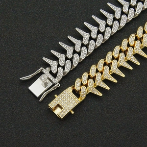 Men's hip hop cuban link chain bracelet with spikes and iced out rhinestones in gold and silver