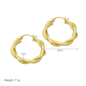 Detailed view of 30mm gold twisted hoop earrings with 5mm width and 11g weight specs