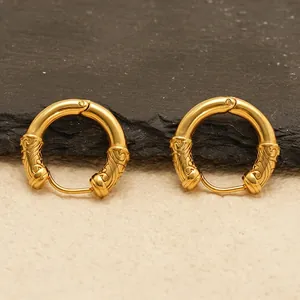 Vintage 18K gold plated stainless steel hoop earrings with ornate cloud pattern engraving