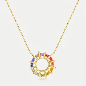 Vintage 925 Sterling Silver Rainbow Zirconia Sun Flower Pendant Necklace Gold Plated Colorful Geometric Inlaid Chain Jewelry For Women Gift
