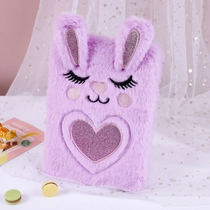 Cute purple plush rabbit A5 notebook with embroidered bunny ears and glitter heart