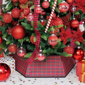 Detail of red and black plaid Christmas tree collar with high-quality fabric texture
