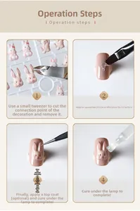 Detailed four-step guide for applying 3D resin rabbit nail charms with clear instructions