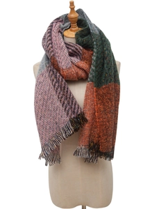 Detail of plaid scarf featuring multi-colored tweed texture and fringe tassels on a mannequin