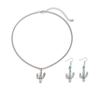 Detailed set of silver cactus jewelry featuring turquoise stones with necklace and earrings
