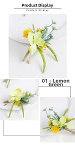 Detail of lemon green artificial wedding boutonniere with burlap handle and golden pin