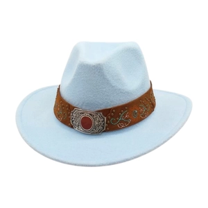 Detail of light blue felt cowboy hat featuring ethnic band with red gemstone buckle