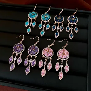 Vintage Round Copper Tassel Earrings Inlaid With Zircon French Palace Style Elegant Ear Hook Jewelry For Women