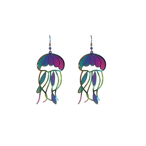 Macro detail of laser iridescent hollow jellyfish earrings in colorful gradient finish